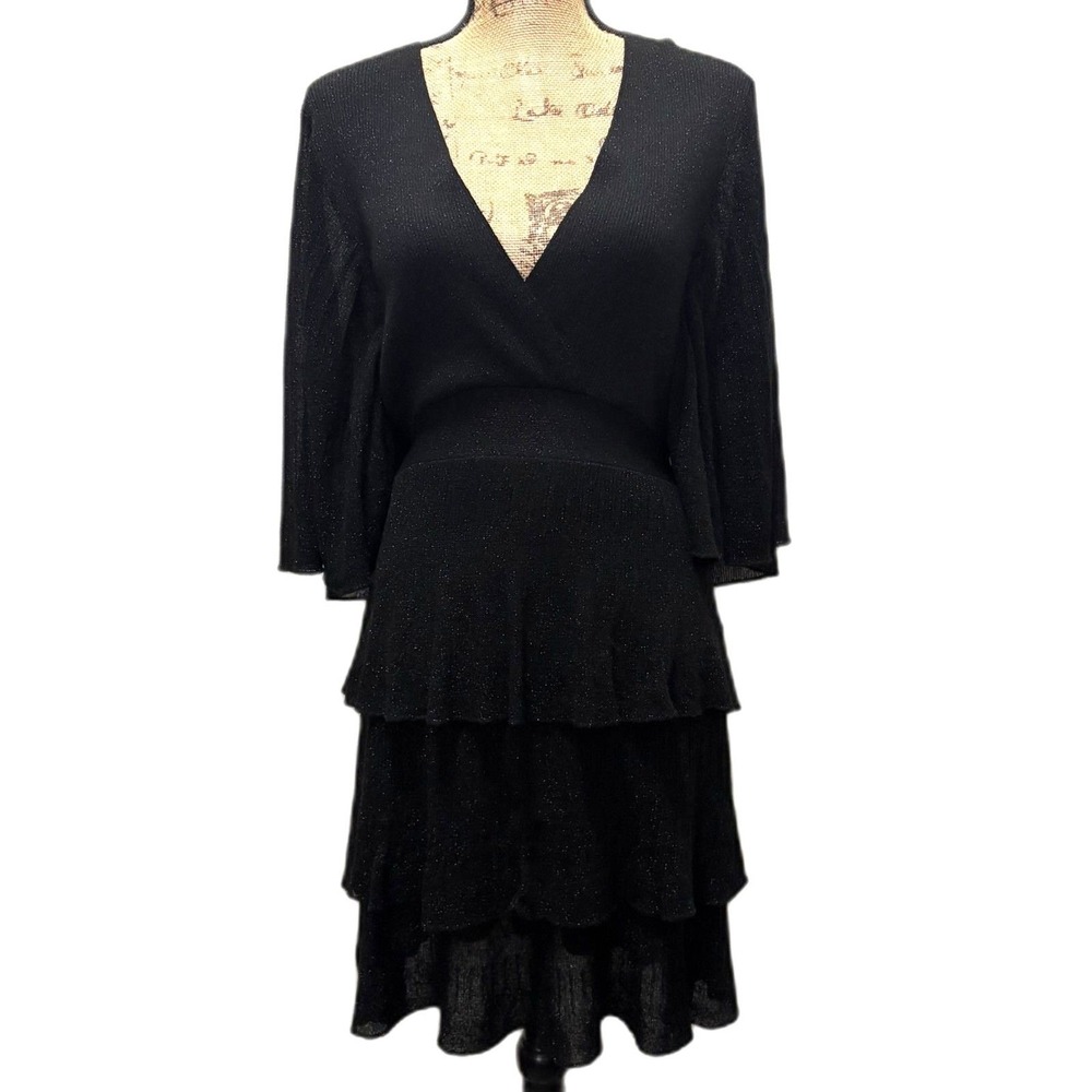 NWT Zara Black Metallic Knit Tiered Party Dress V-Neck Kimono Sleeve Size Medium